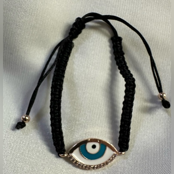 Black Macrame Oval Evil Eye Cubic Zirconia & Turquoise Setting Bracelet - Picture 2 of 2